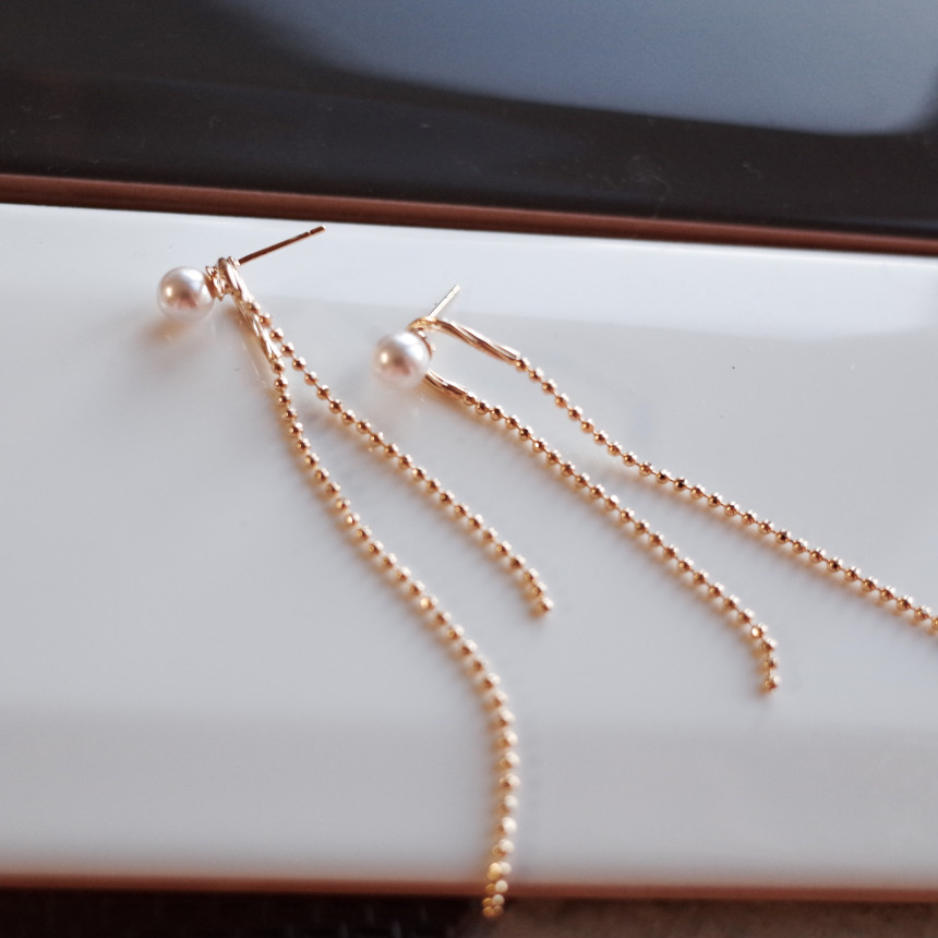 NO.72 Swarovski Pearl Two Rings Long Drop Earrings