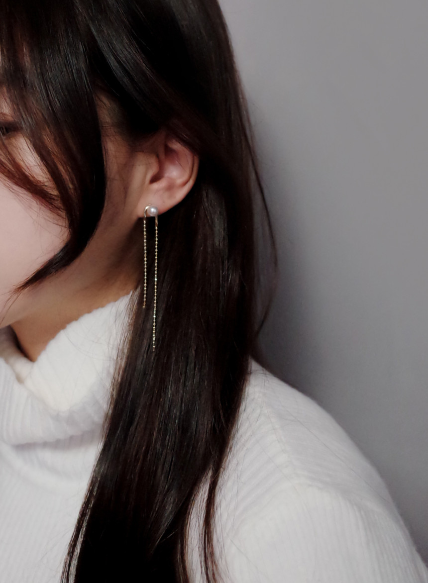 NO.72 Swarovski Pearl Two Rings Long Drop Earrings