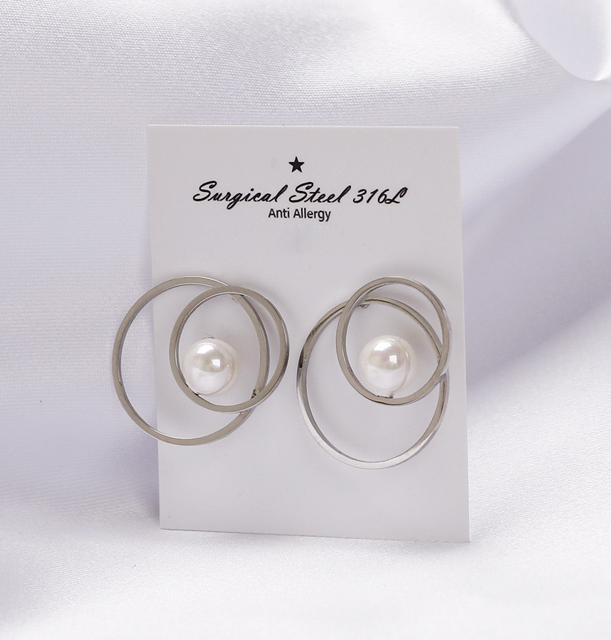Double Round Pearl Surfacing Steel Earrings Titani