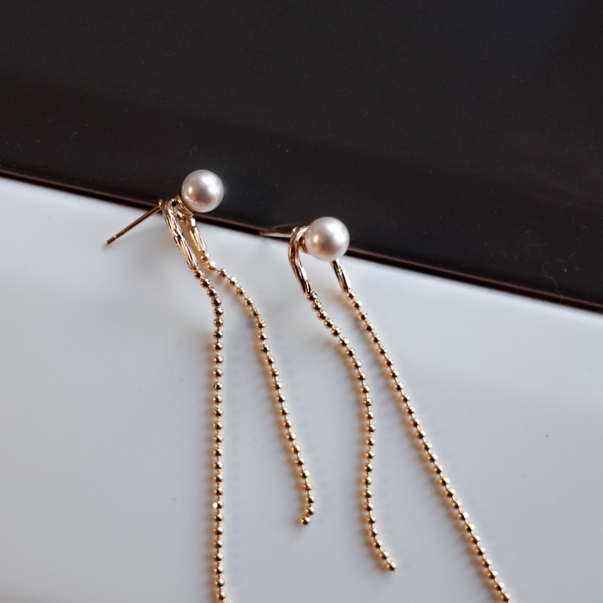 NO.72 Swarovski Pearl Two Rings Long Drop Earrings