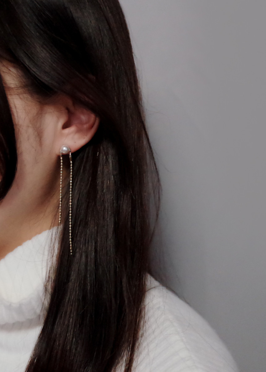 NO.72 Swarovski Pearl Two Rings Long Drop Earrings