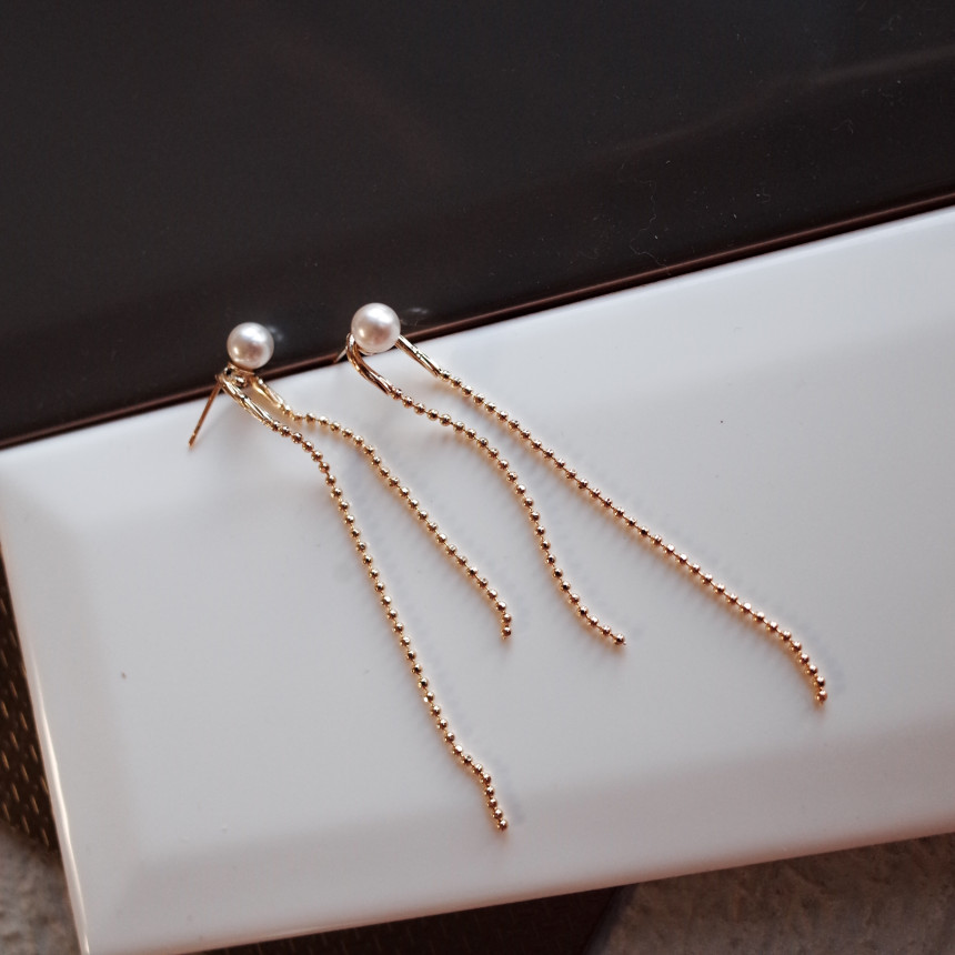 NO.72 Swarovski Pearl Two Rings Long Drop Earrings