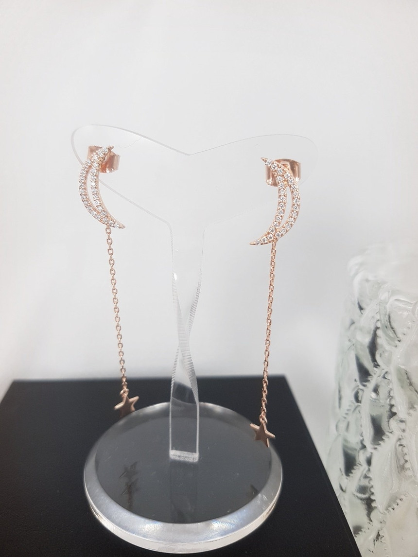 Crescent Moon and Mini Star Chain Drop Earrings Mo