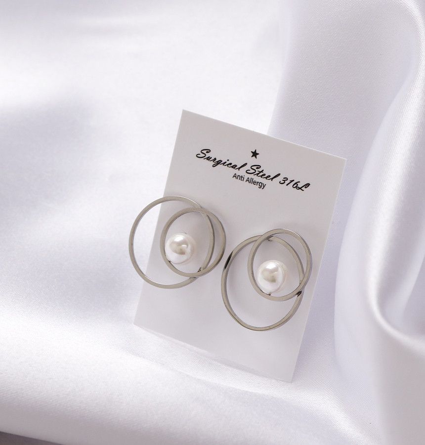 Double Round Pearl Surfacing Steel Earrings Titani