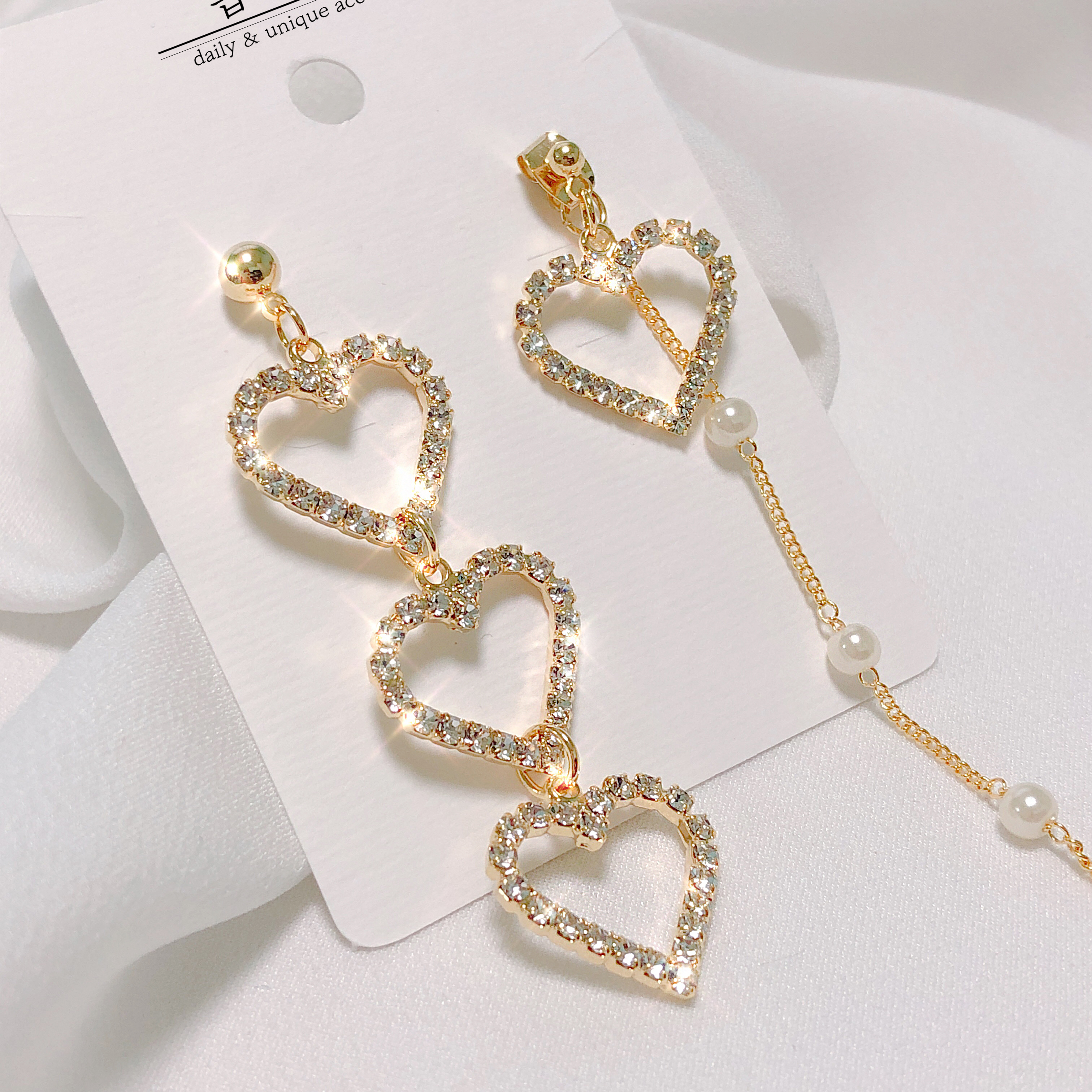 Unique Pearl Triple Heart Drop Earrings Silver, Go