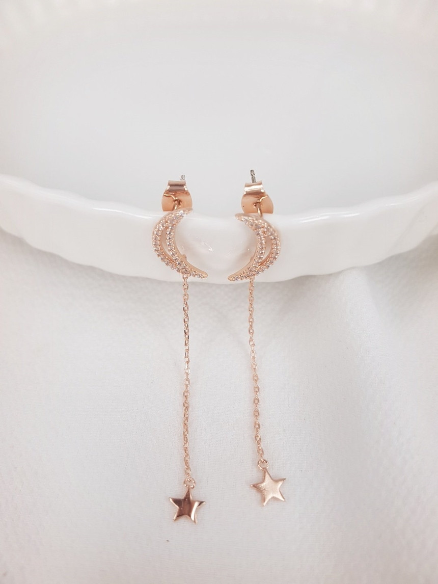 Crescent Moon and Mini Star Chain Drop Earrings Mo