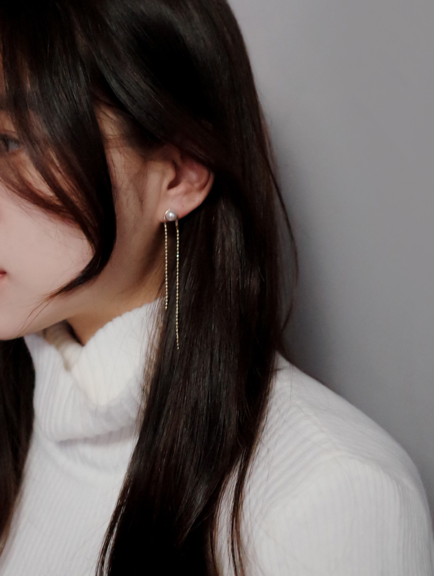 NO.72 Swarovski Pearl Two Rings Long Drop Earrings