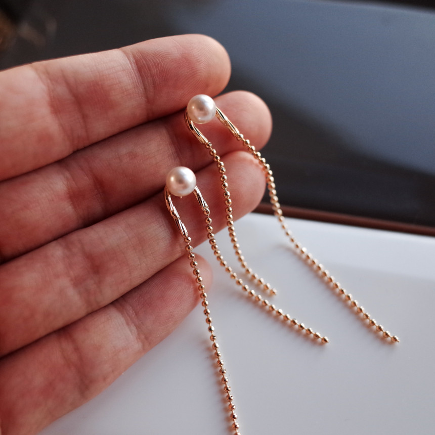 NO.72 Swarovski Pearl Two Rings Long Drop Earrings