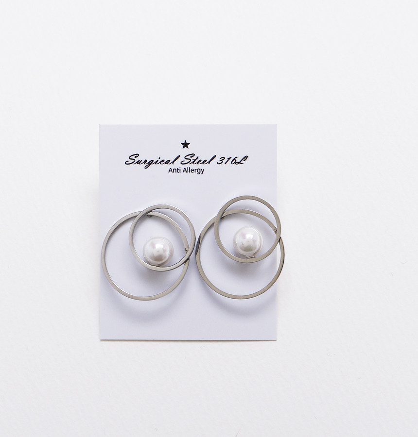 Double Round Pearl Surfacing Steel Earrings Titani