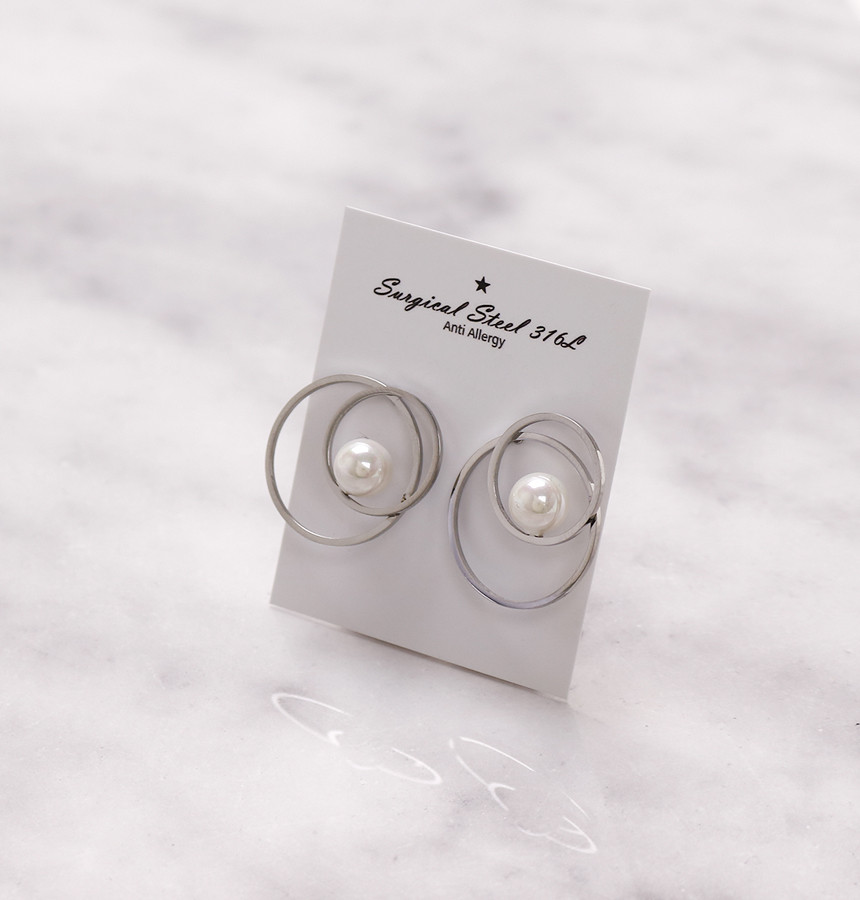 Double Round Pearl Surfacing Steel Earrings Titani