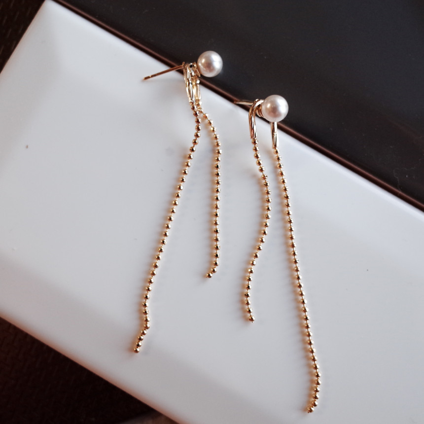 NO.72 Swarovski Pearl Two Rings Long Drop Earrings