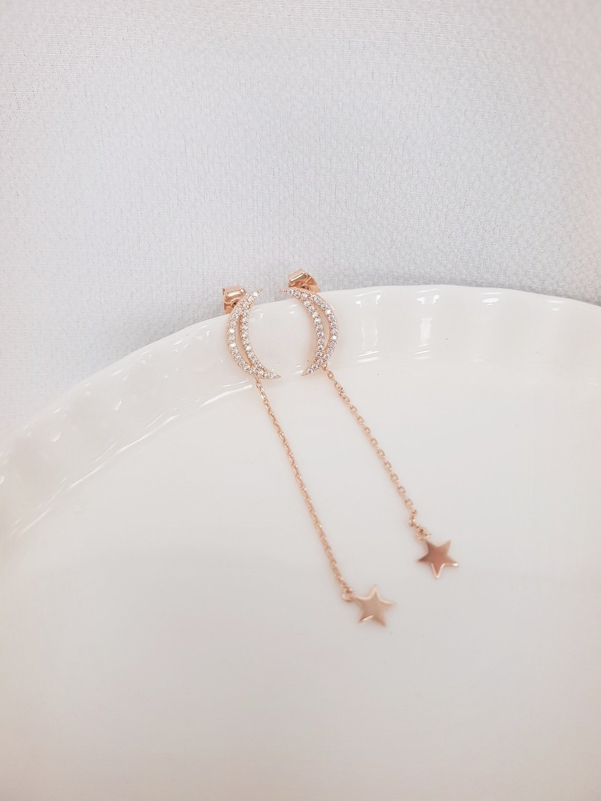 Crescent Moon and Mini Star Chain Drop Earrings Mo