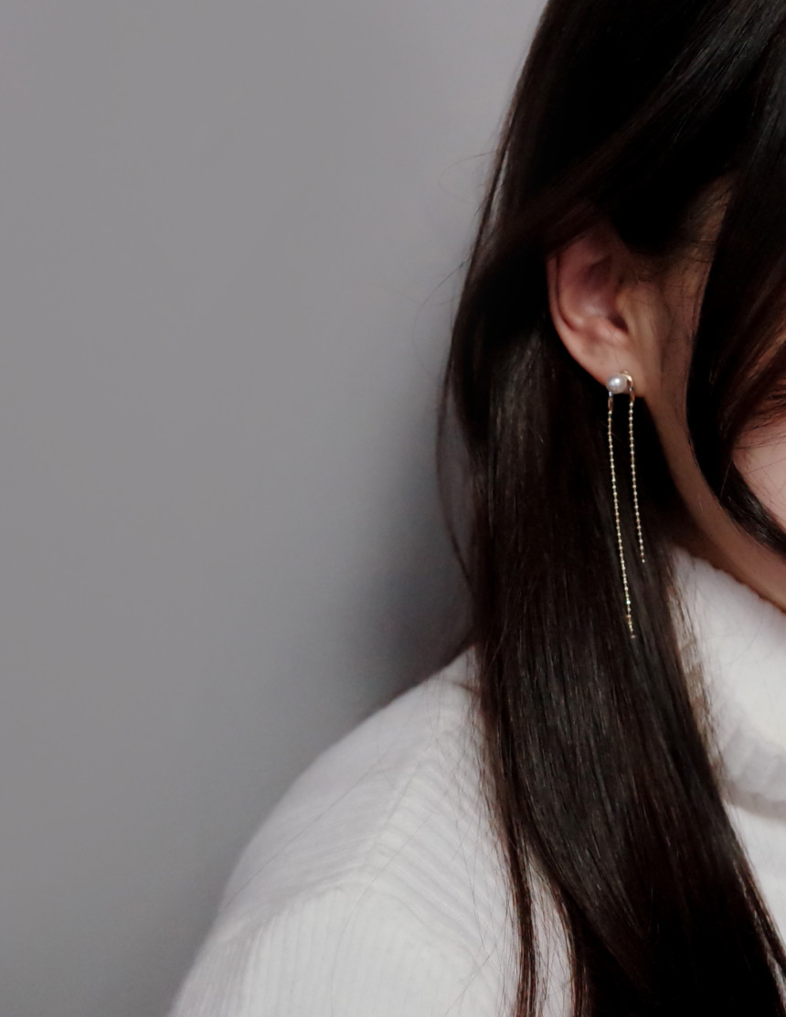 NO.72 Swarovski Pearl Two Rings Long Drop Earrings