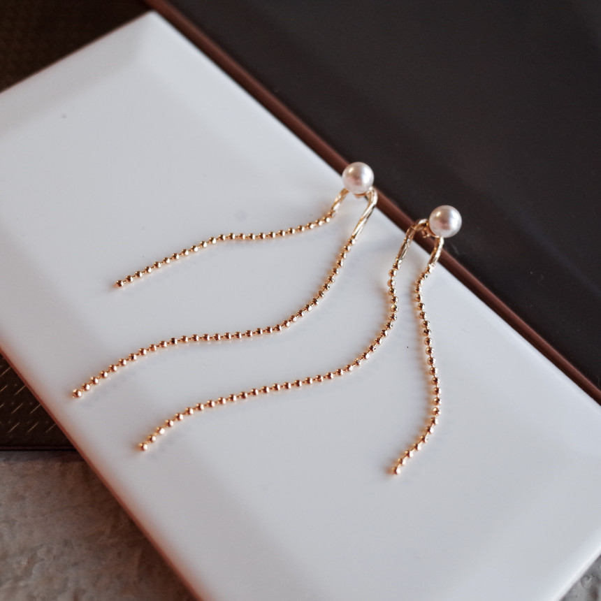 NO.72 Swarovski Pearl Two Rings Long Drop Earrings