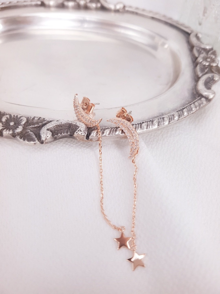 Crescent Moon and Mini Star Chain Drop Earrings Mo