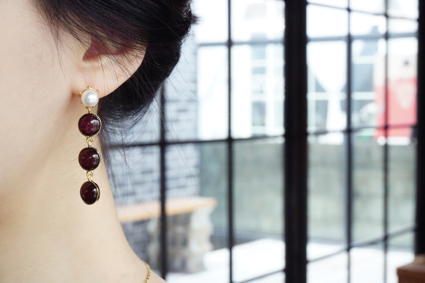 Pearl Gemstone Drop Earrings 3Color Antique Anti-A