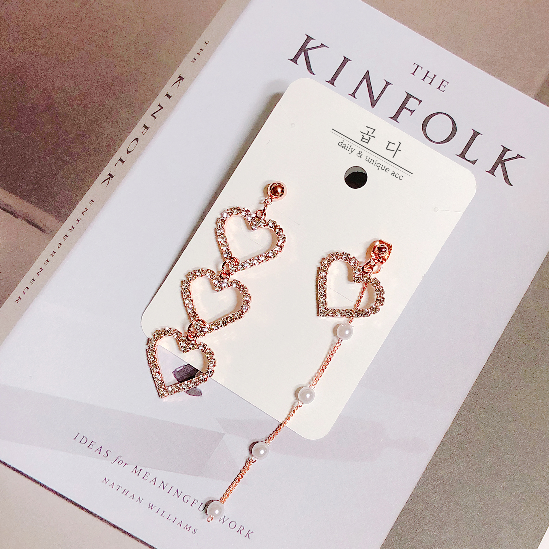 Unique Pearl Triple Heart Drop Earrings Silver, Go