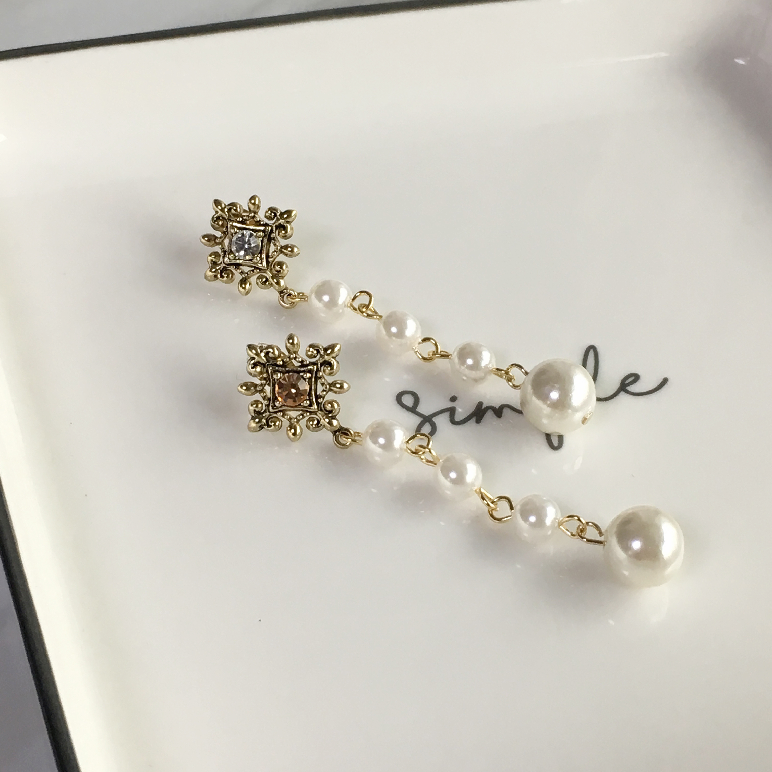 Two-Hue Antique Pearl Long Drop Earrings Ethnic Ea