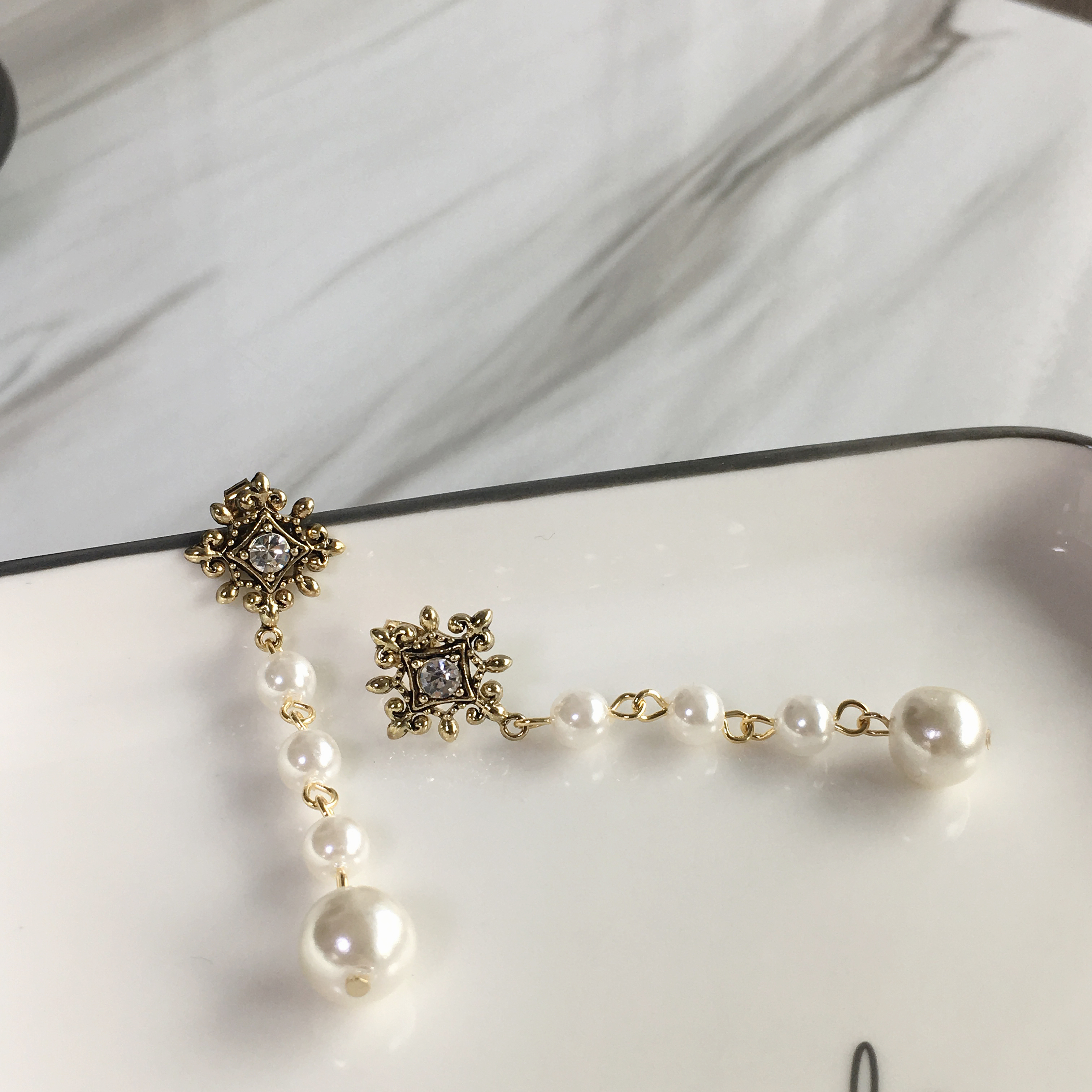 Two-Hue Antique Pearl Long Drop Earrings Ethnic Ea