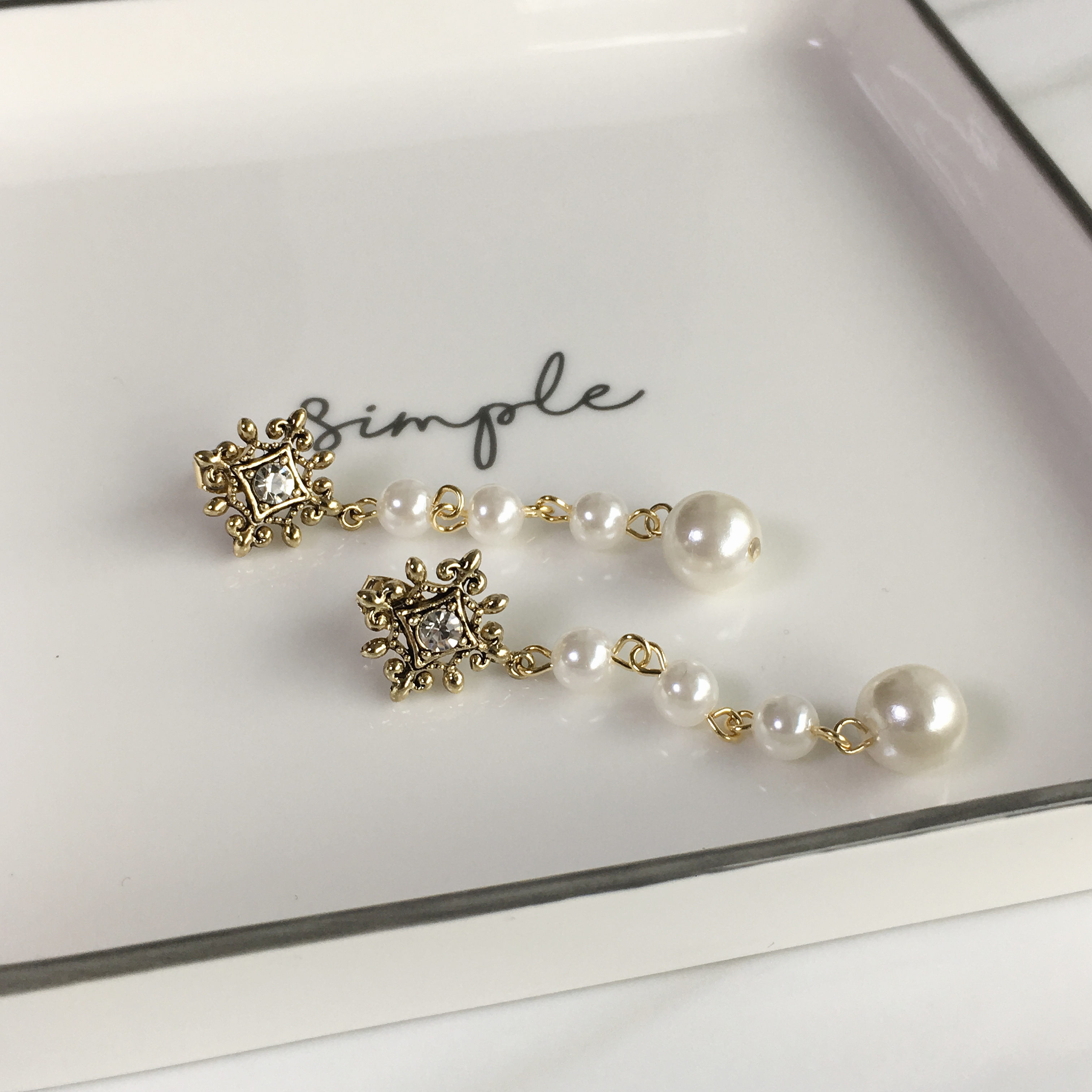 Two-Hue Antique Pearl Long Drop Earrings Ethnic Ea