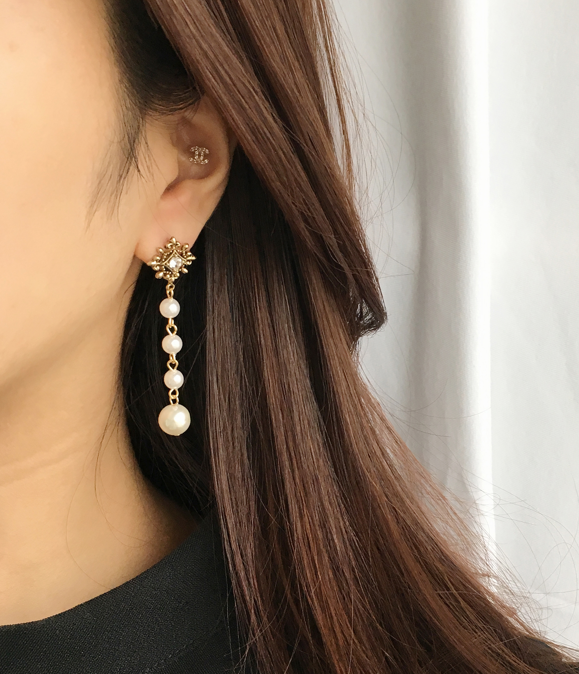 Two-Hue Antique Pearl Long Drop Earrings Ethnic Ea