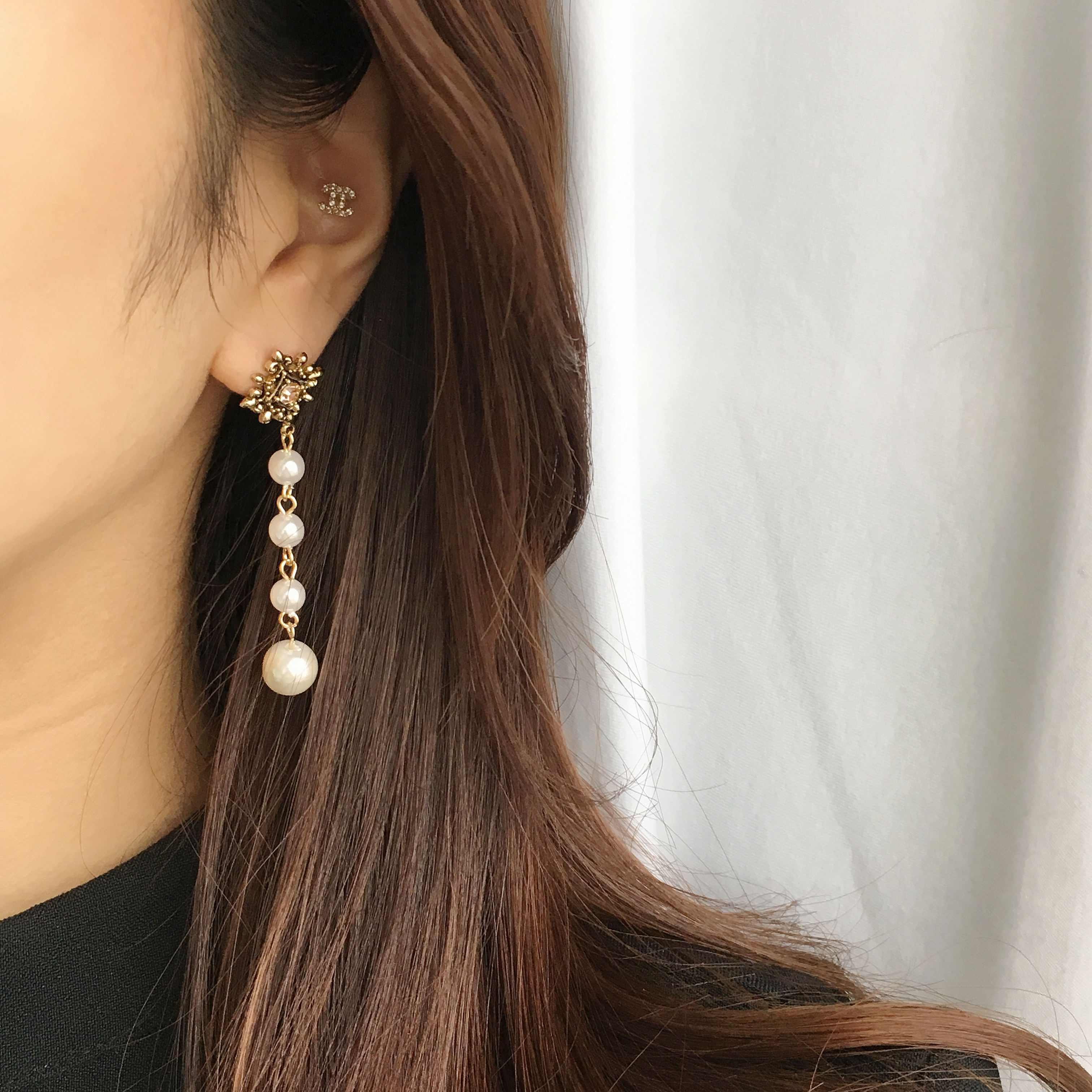 Two-Hue Antique Pearl Long Drop Earrings Ethnic Ea