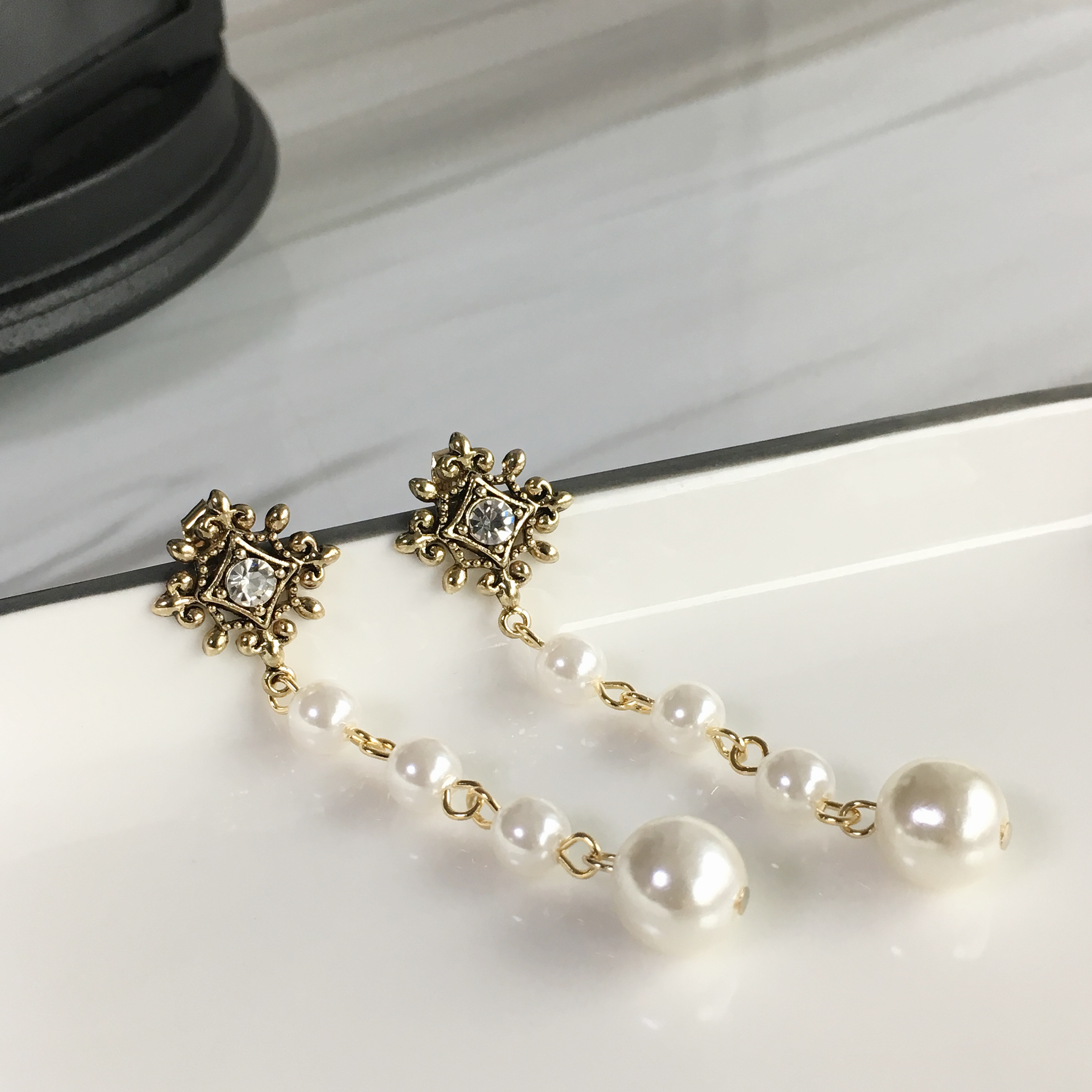 Two-Hue Antique Pearl Long Drop Earrings Ethnic Ea