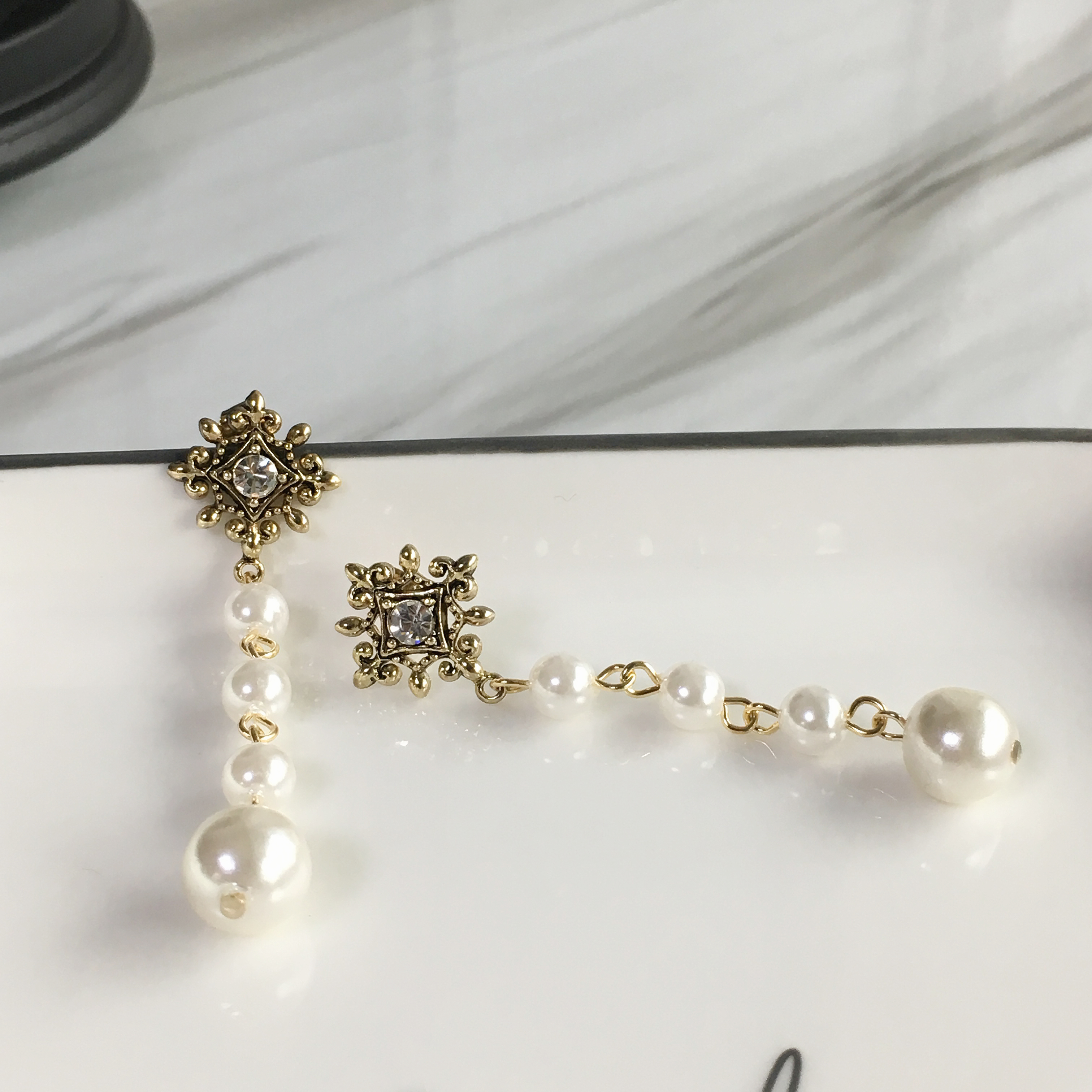 Two-Hue Antique Pearl Long Drop Earrings Ethnic Ea