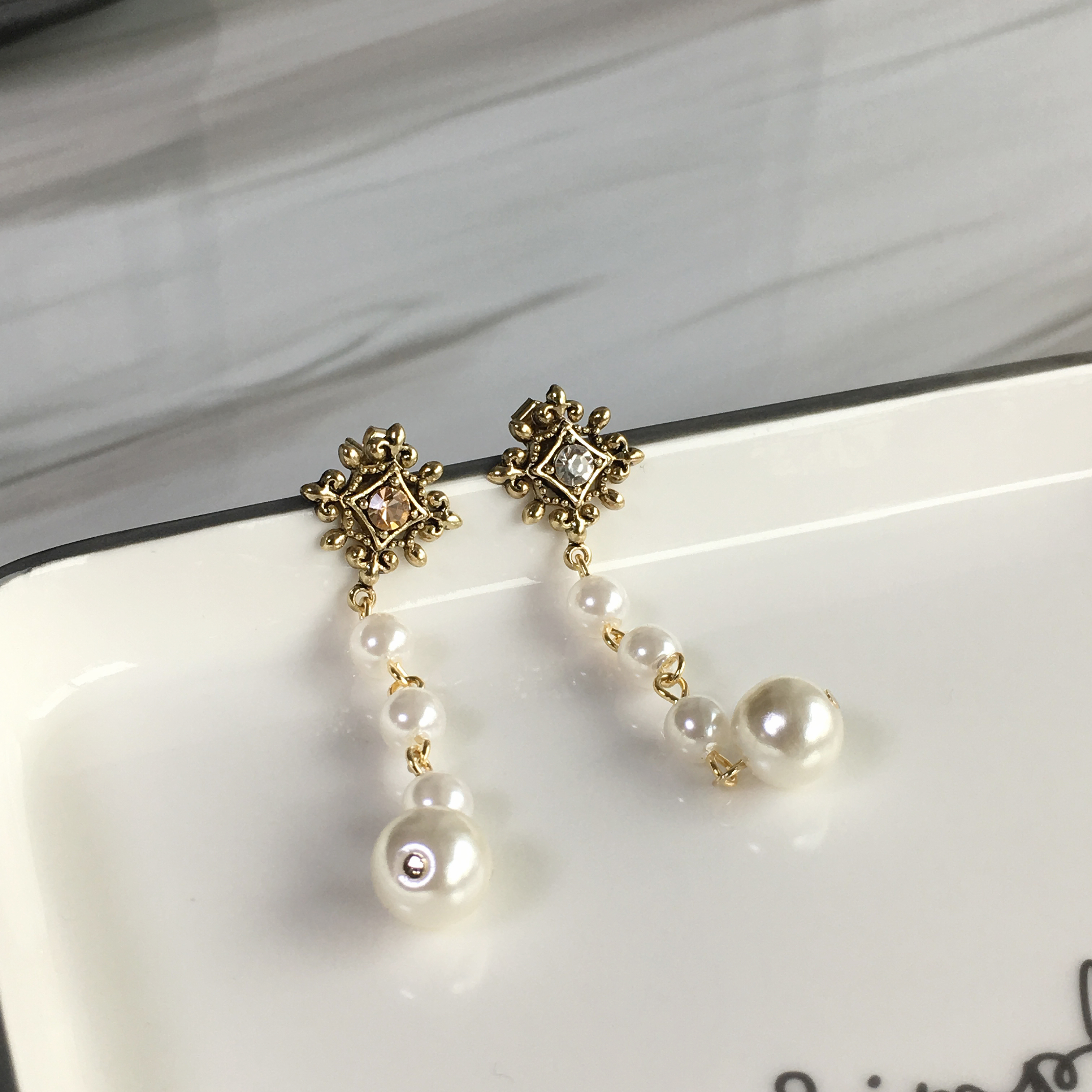 Two-Hue Antique Pearl Long Drop Earrings Ethnic Ea
