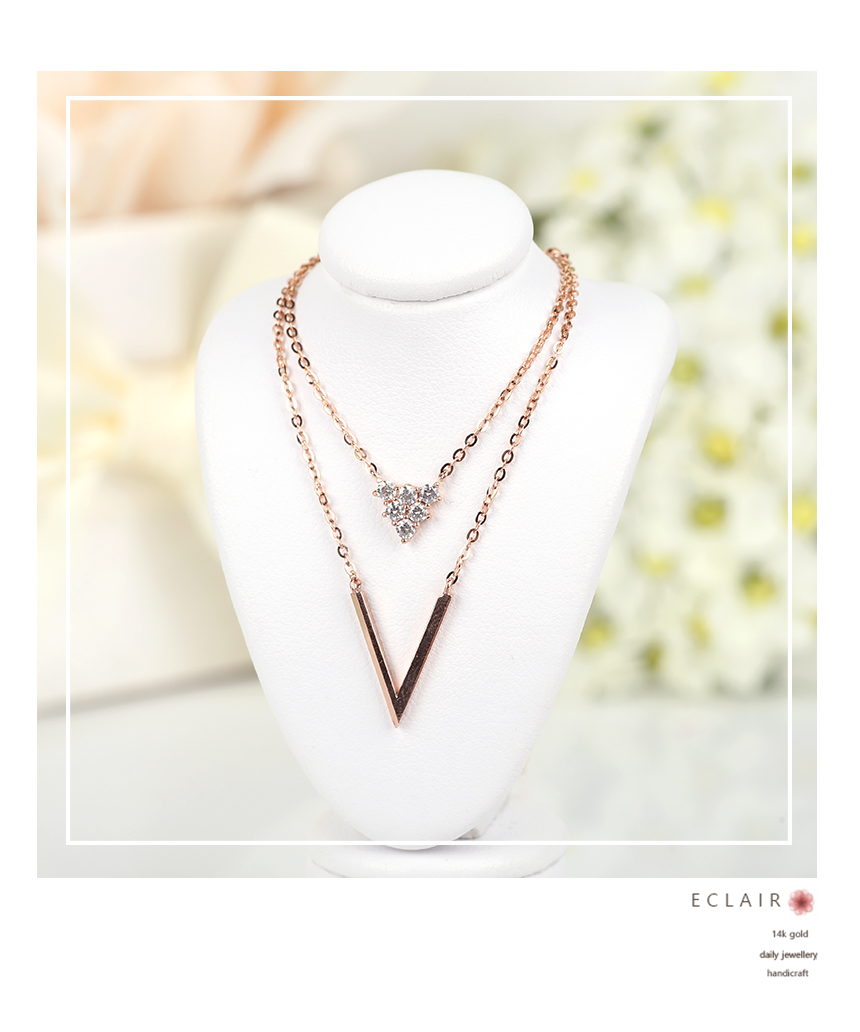V layered bows 14k necklace 14k stick 14k chain 14