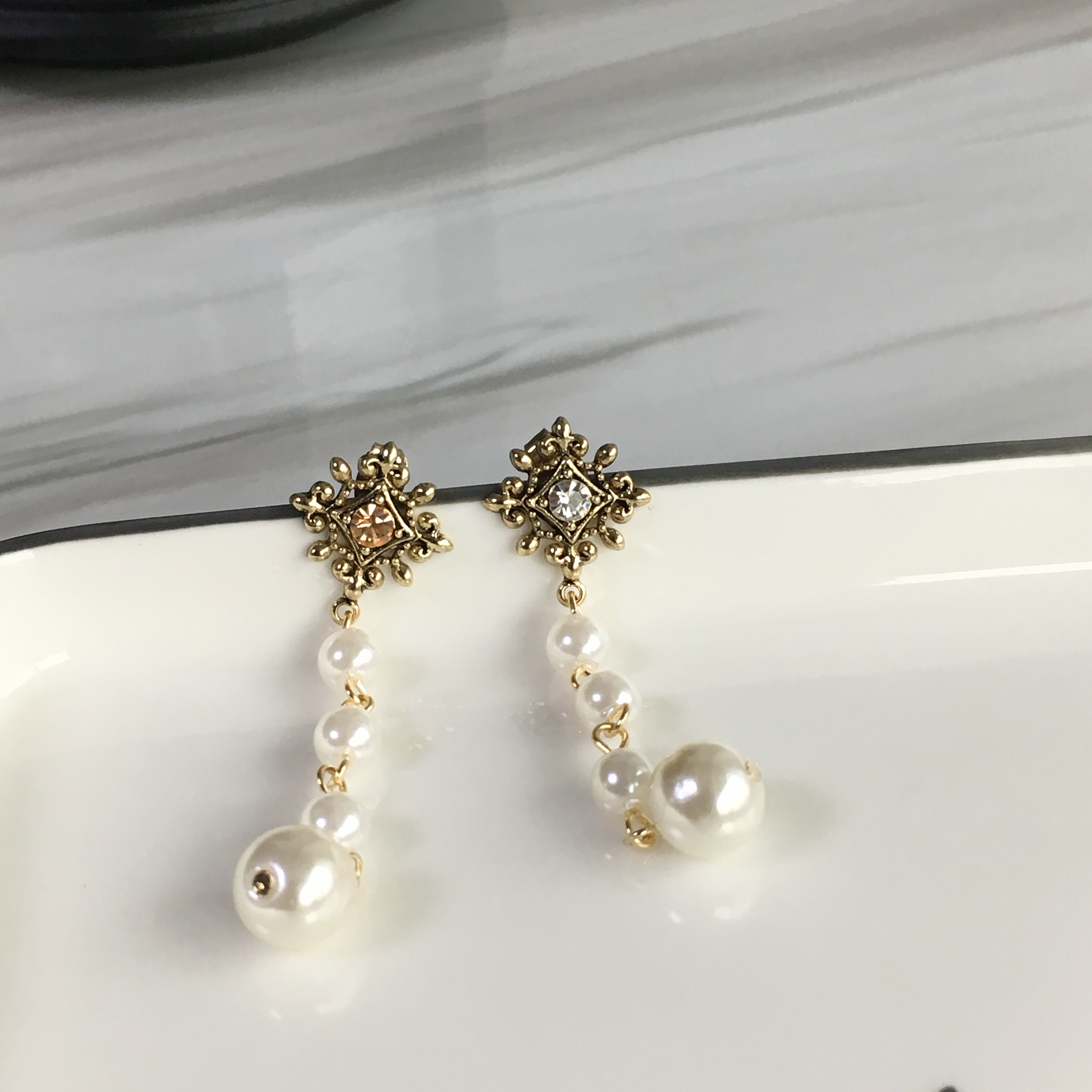 Two-Hue Antique Pearl Long Drop Earrings Ethnic Ea