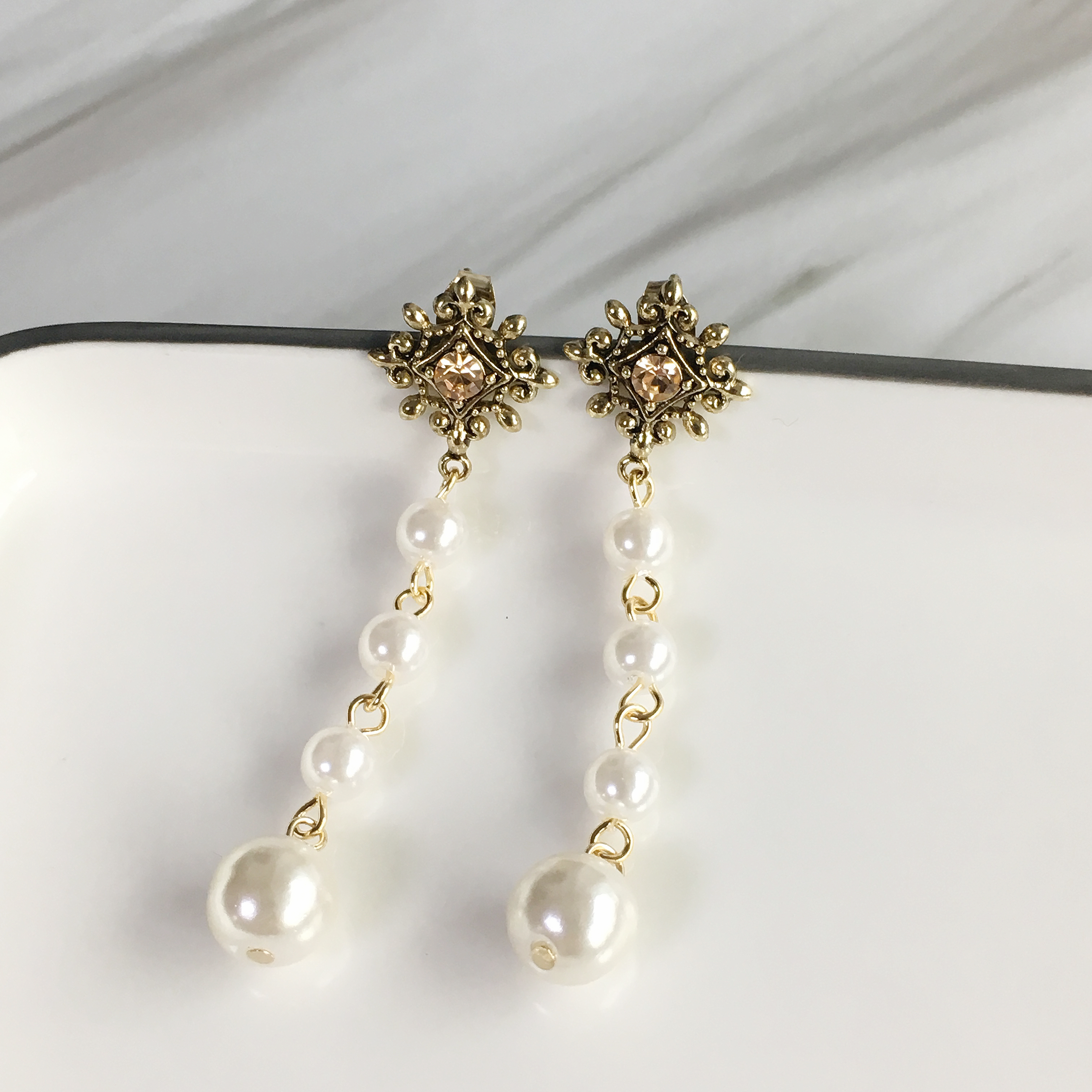Two-Hue Antique Pearl Long Drop Earrings Ethnic Ea