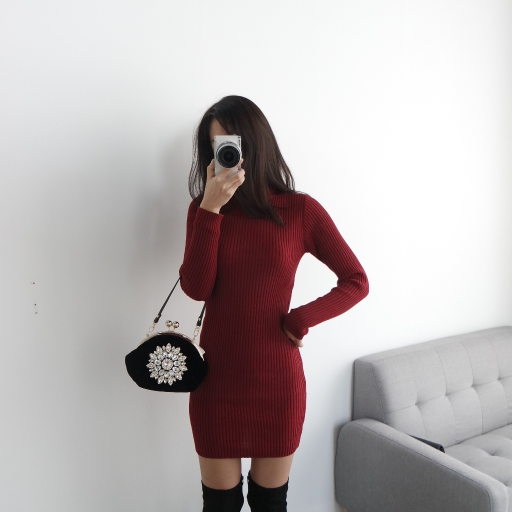 Winter Neck Polar Gold Long Knit Dress Mini