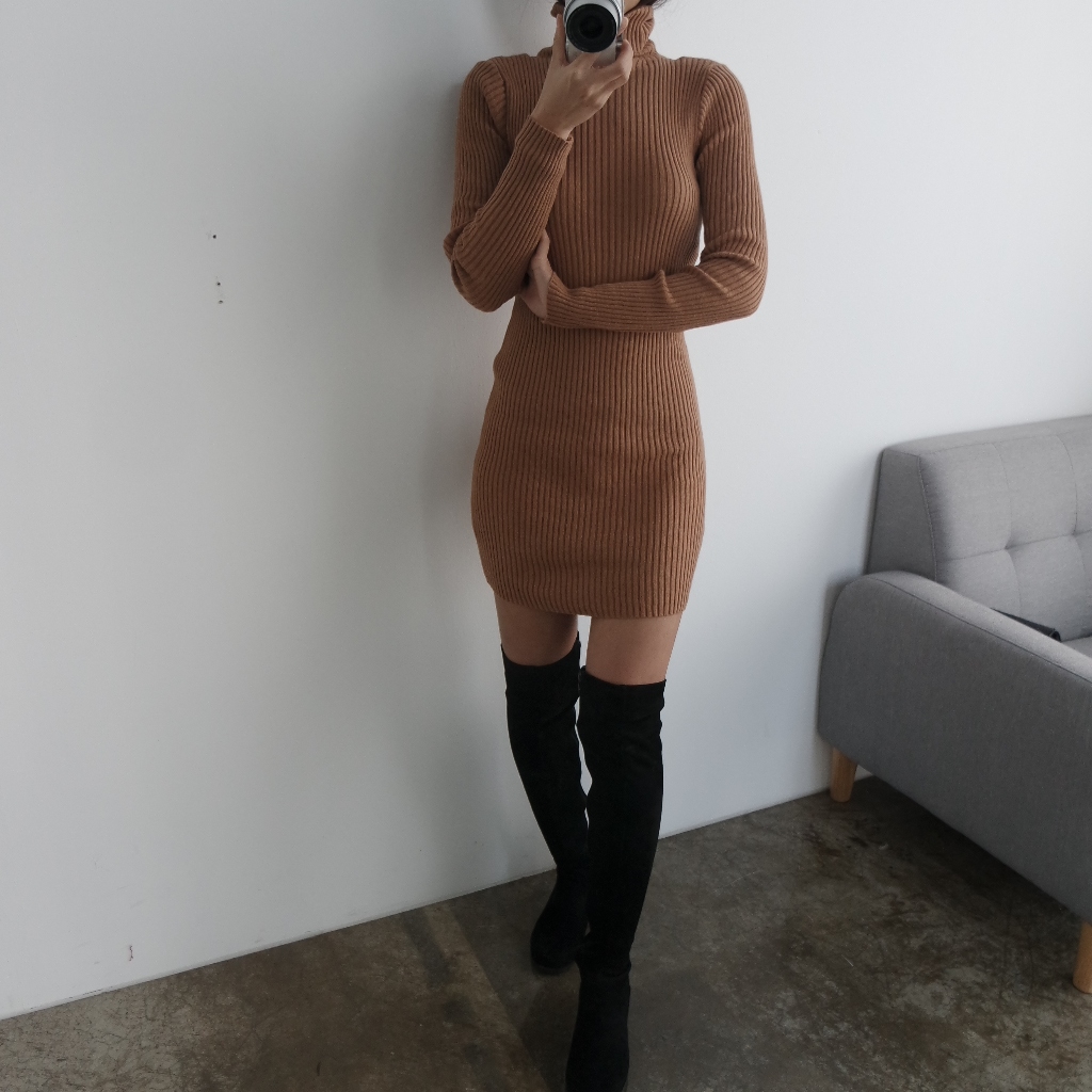 Winter Neck Polar Gold Long Knit Dress Mini