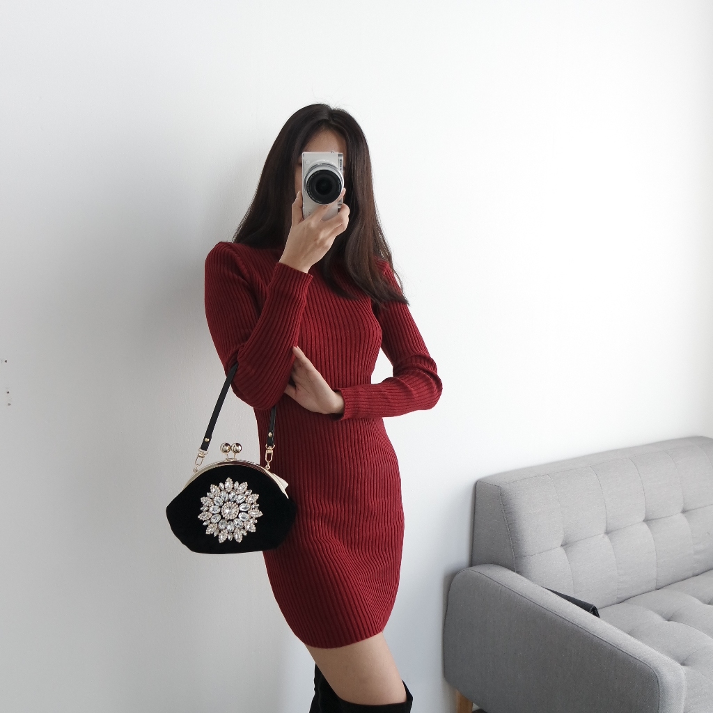 Winter Neck Polar Gold Long Knit Dress Mini