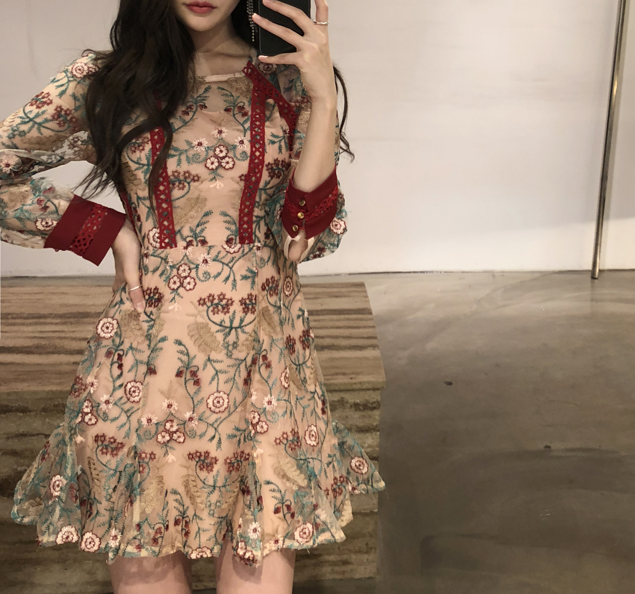 Baby pink embroidered dress Charming style Feminin