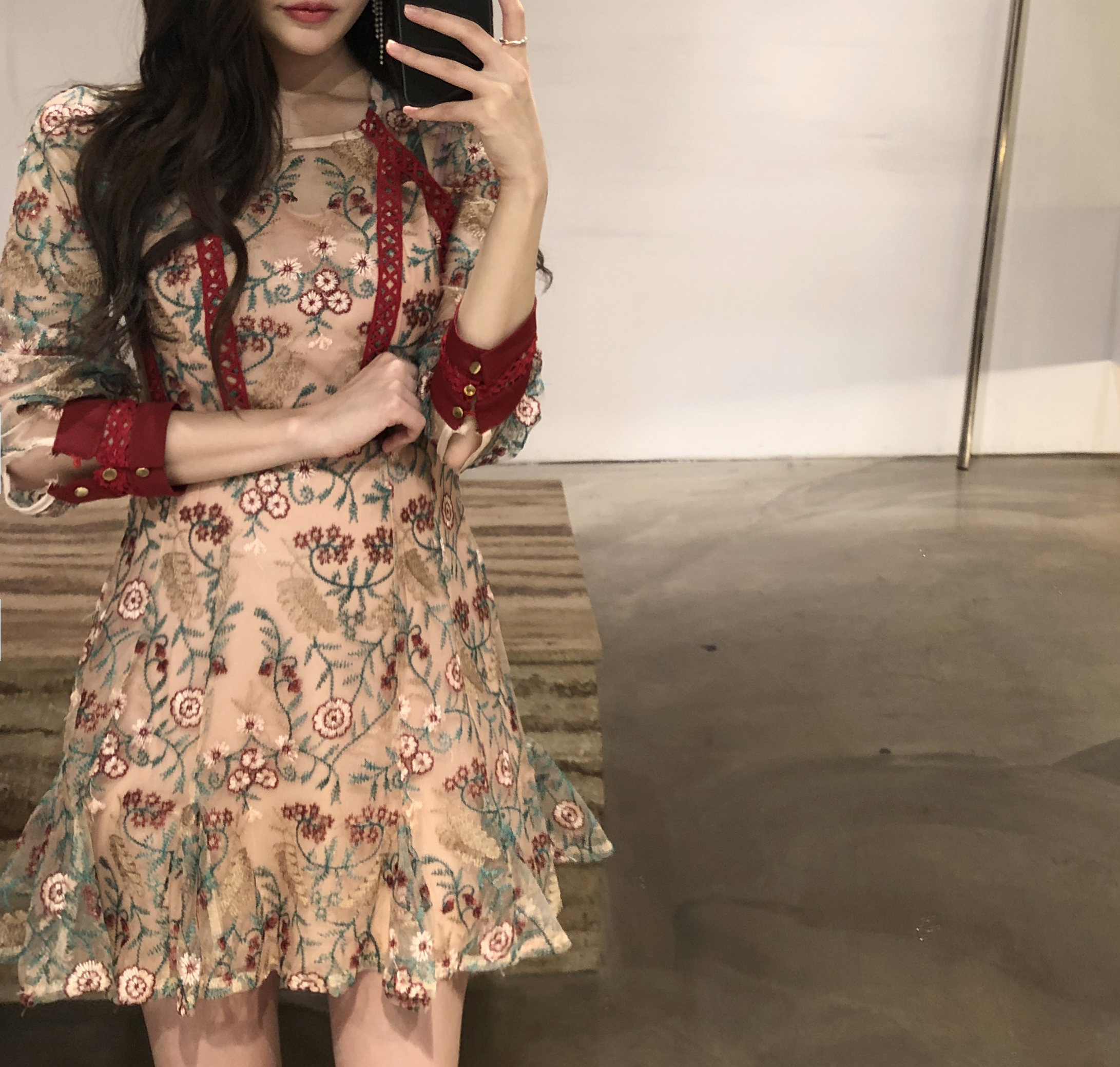 Baby pink embroidered dress Charming style Feminin