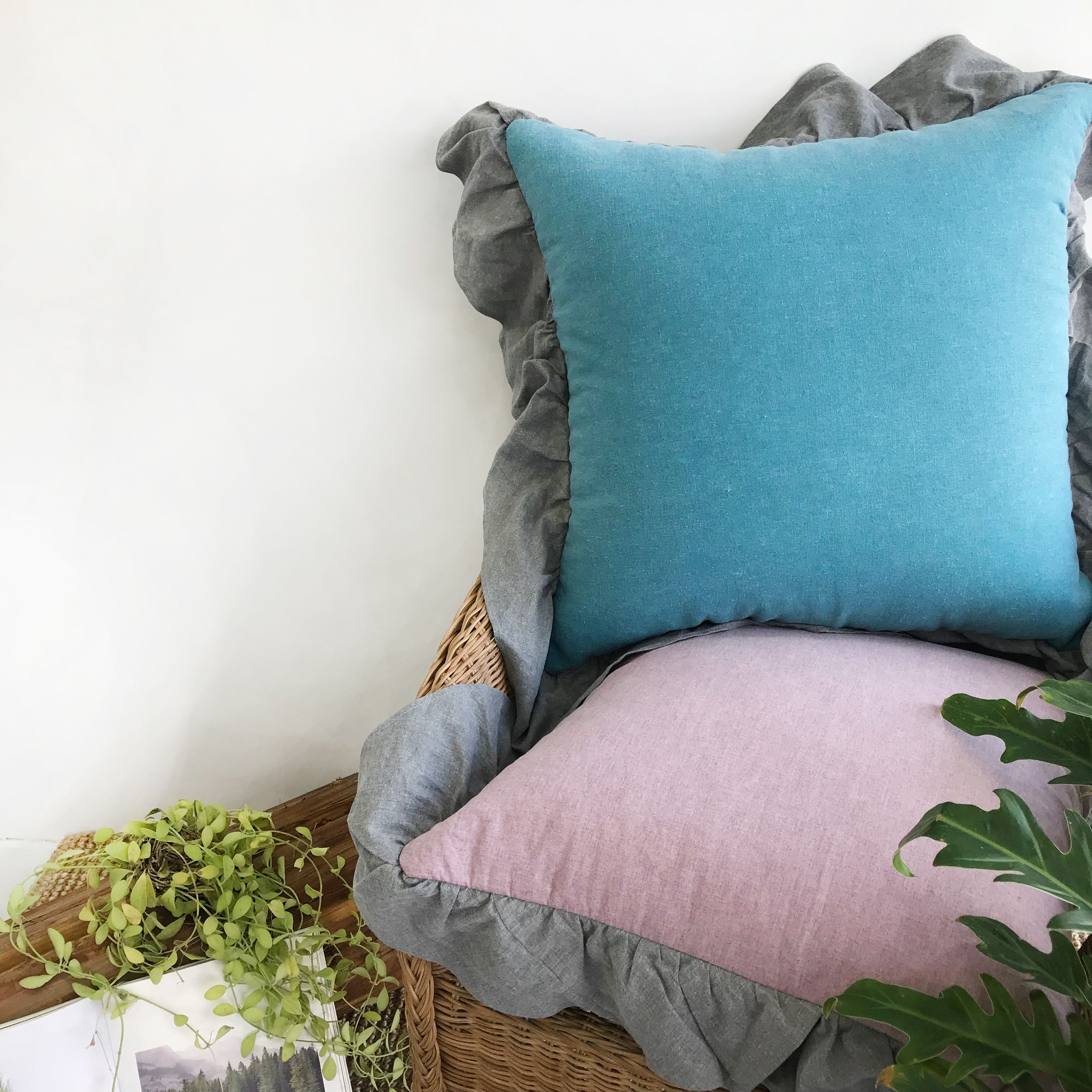 빈티지 워싱 린넨 프릴 피그먼트 국산 쿠션커버 50x50