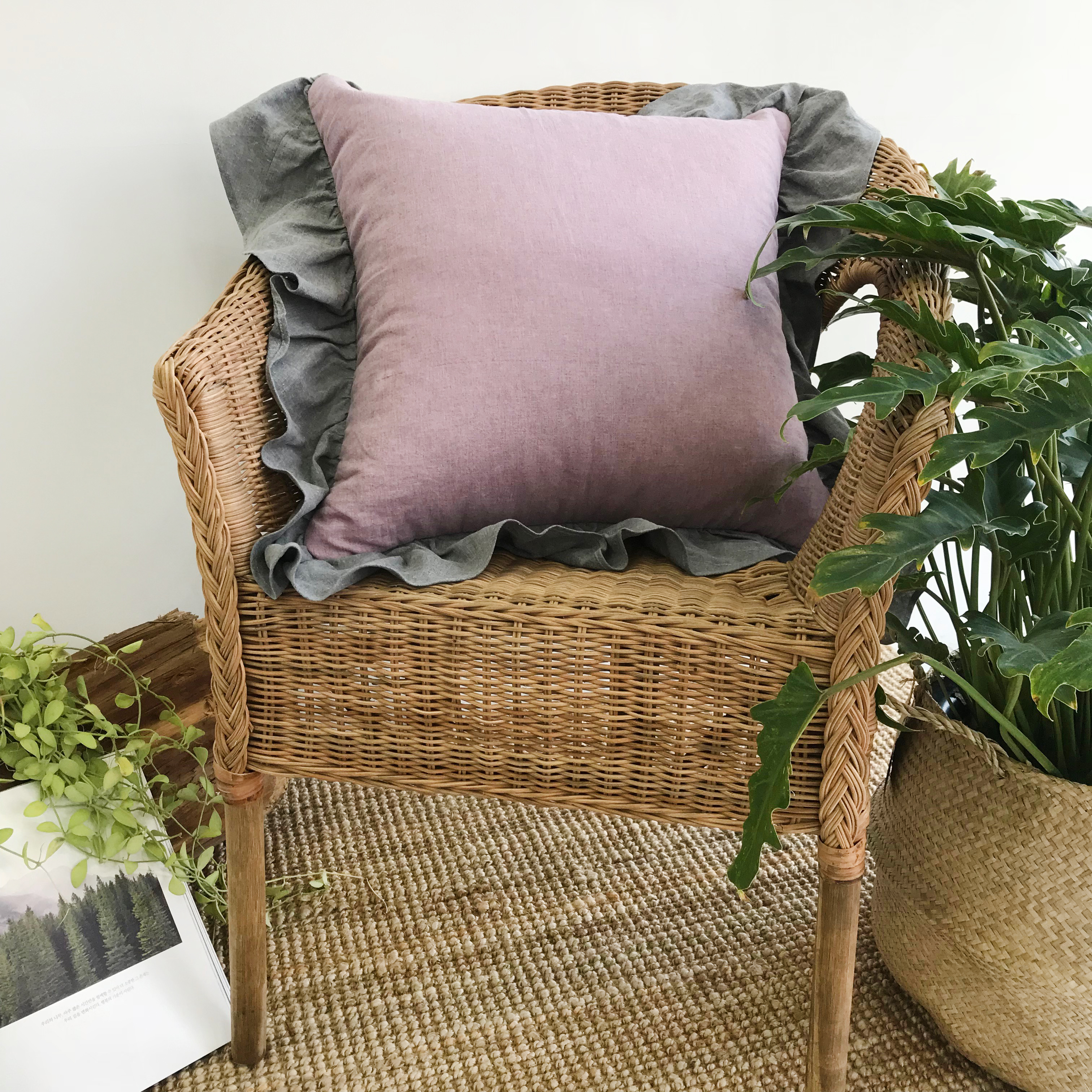 빈티지 워싱 린넨 프릴 피그먼트 국산 쿠션커버 50x50