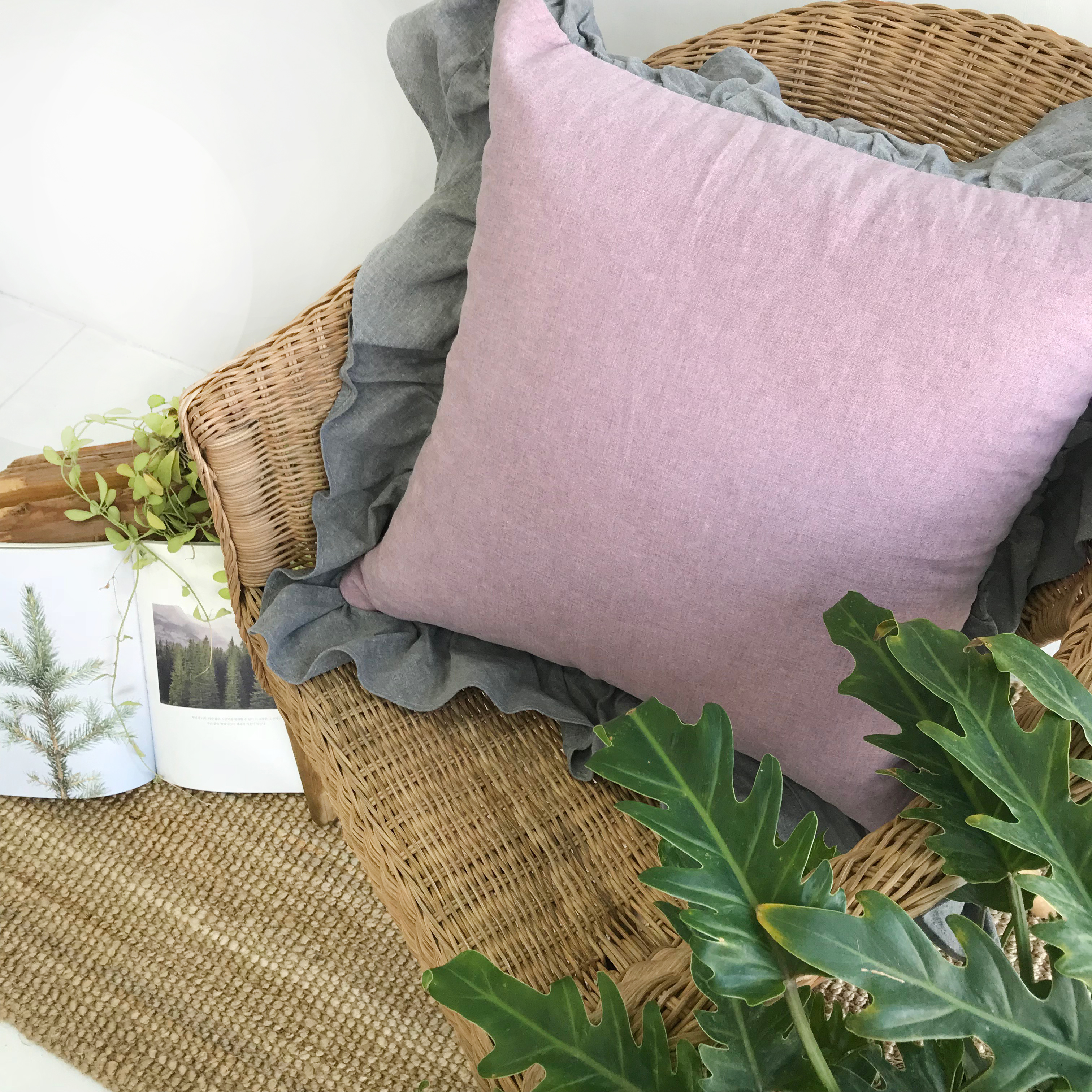 빈티지 워싱 린넨 프릴 피그먼트 국산 쿠션커버 50x50