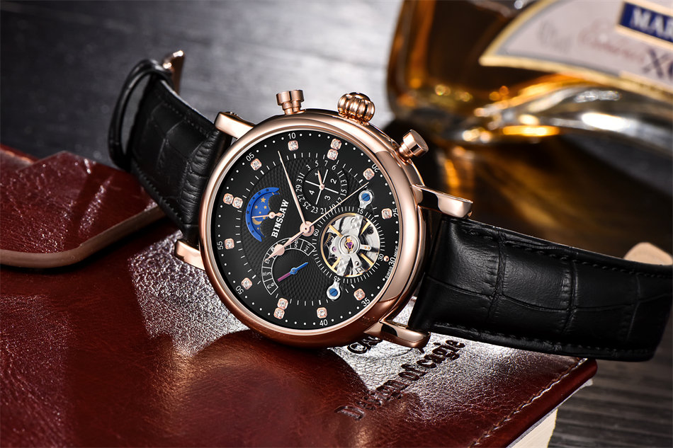 <b><p>Binssaw Moon Phase leather clock bla Simp</p></b><b><p>ビンソー ムーンフェイズ レザー 時計 ブラック すっきりとした シンプルフレンチル</p></b><br /><br /><p align='center'>