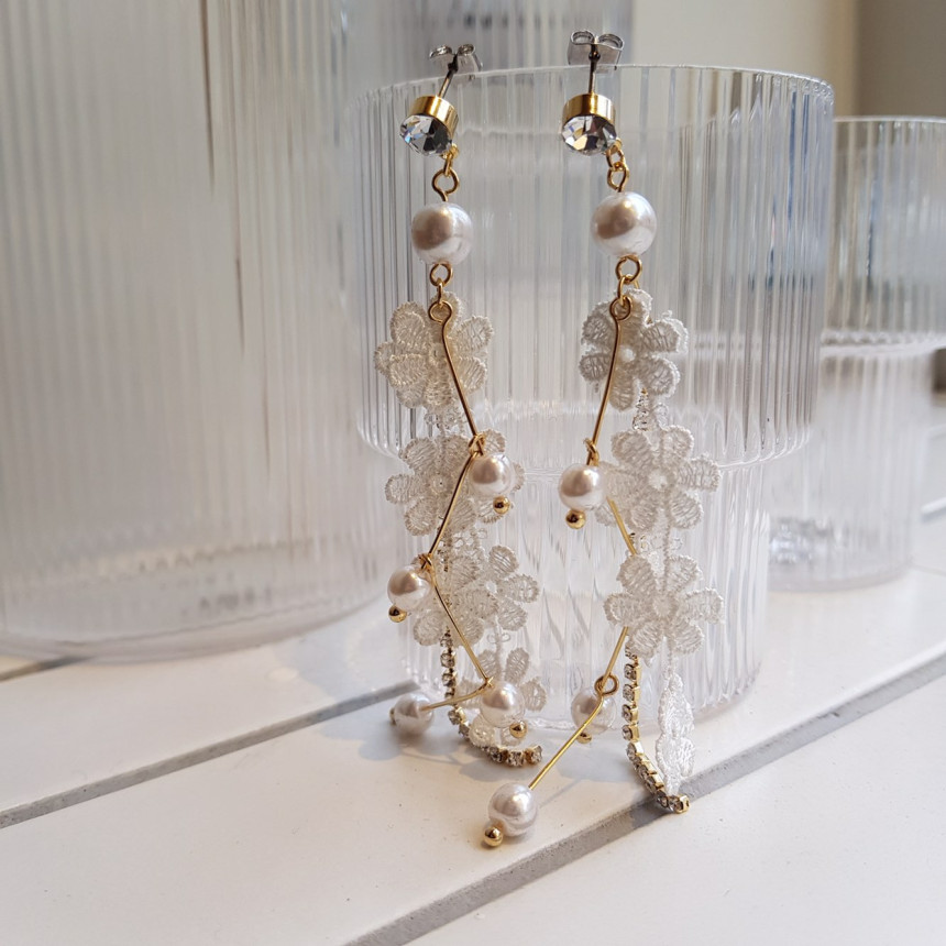 <b><p>White race Pearl Long Drop Eris A grty atmosphere</p></b><b><p>純白 レース 真珠 ロングドロップピアス ガーリッシュな雰囲気 魅力のあるスタイル</p></b><br /><br /><p align='center'>