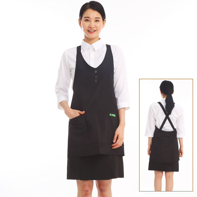 구김없는 하늘하늘한 소재 블랙 기능성포그니 V넥 엉덩이랩앞치마 - 상품 이미지