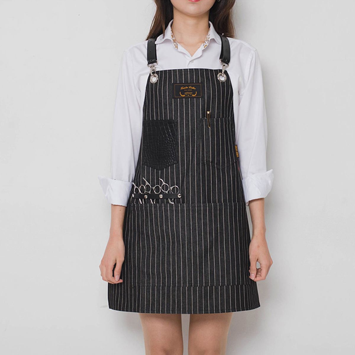 칸데오레더 크로코 블랙스트라이프 공방 미용실 카페 미용사 바리스타 앞치마 가죽 데님앞치마