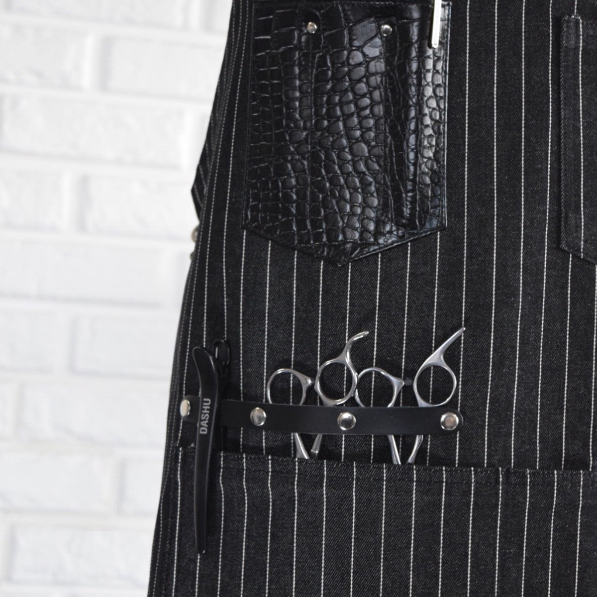 칸데오레더 크로코 블랙스트라이프 공방 미용실 카페 미용사 바리스타 앞치마 가죽 데님앞치마