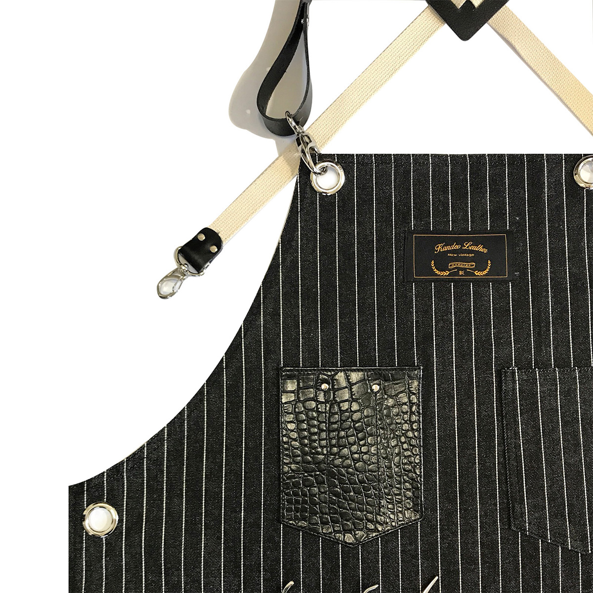칸데오레더 크로코 블랙스트라이프 공방 미용실 카페 미용사 바리스타 앞치마 가죽 데님앞치마