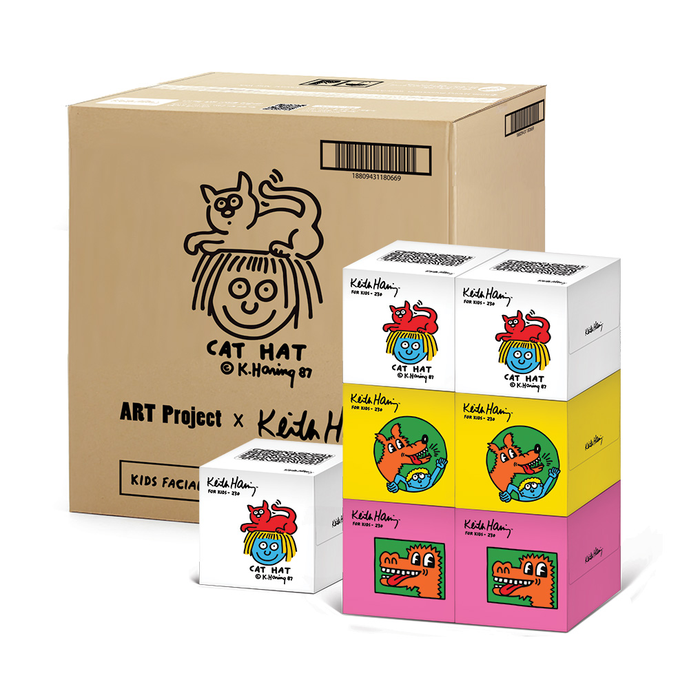 [천연펄프케이스] 한예지 키스해링 KIDS 천연펄프 미용티슈 230매 6입 8팩 1BOX - 상품 이미지