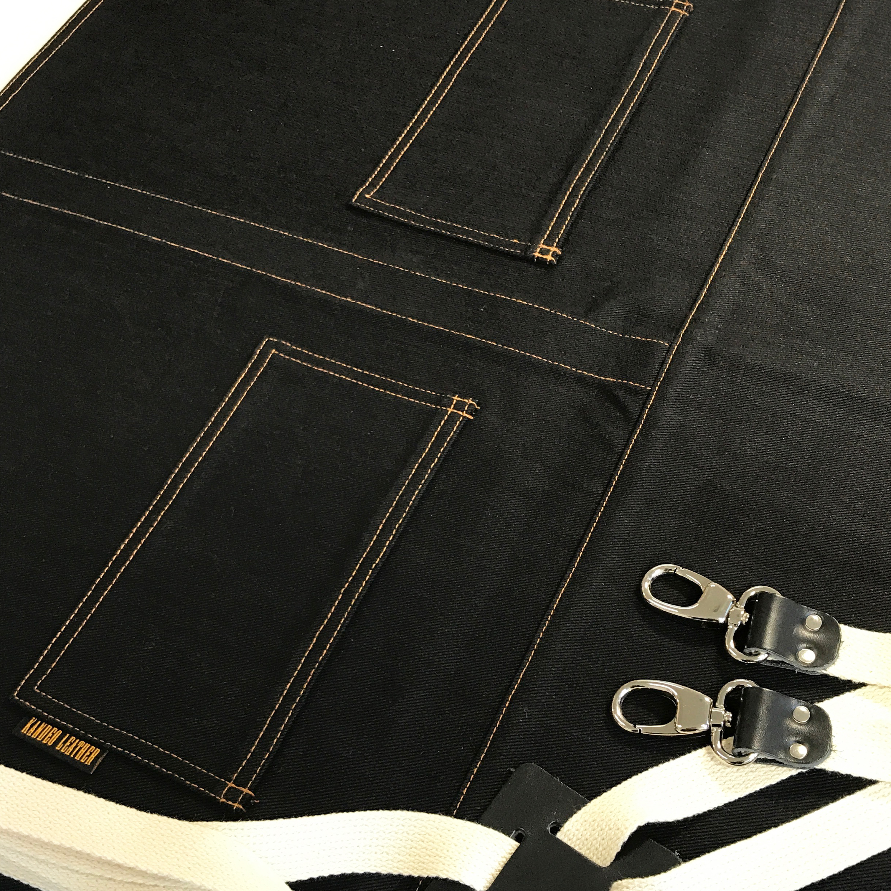 트임앞치마 쥬드 진청 칸데오레더 공방 미용실 카페 미용사 바리스타 앞치마 가죽 데님앞치마