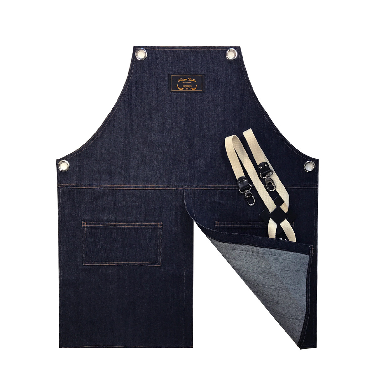 트임앞치마 쥬드 진청 칸데오레더 공방 미용실 카페 미용사 바리스타 앞치마 가죽 데님앞치마