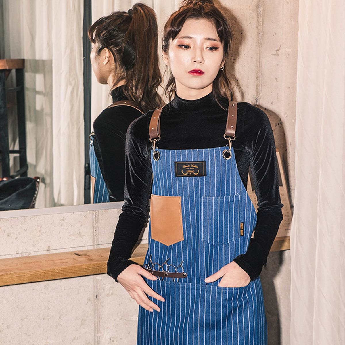 칸데오레더 크로코 블루스트라이프 공방 미용실 카페 미용사 바리스타 앞치마 가죽 데님앞치마